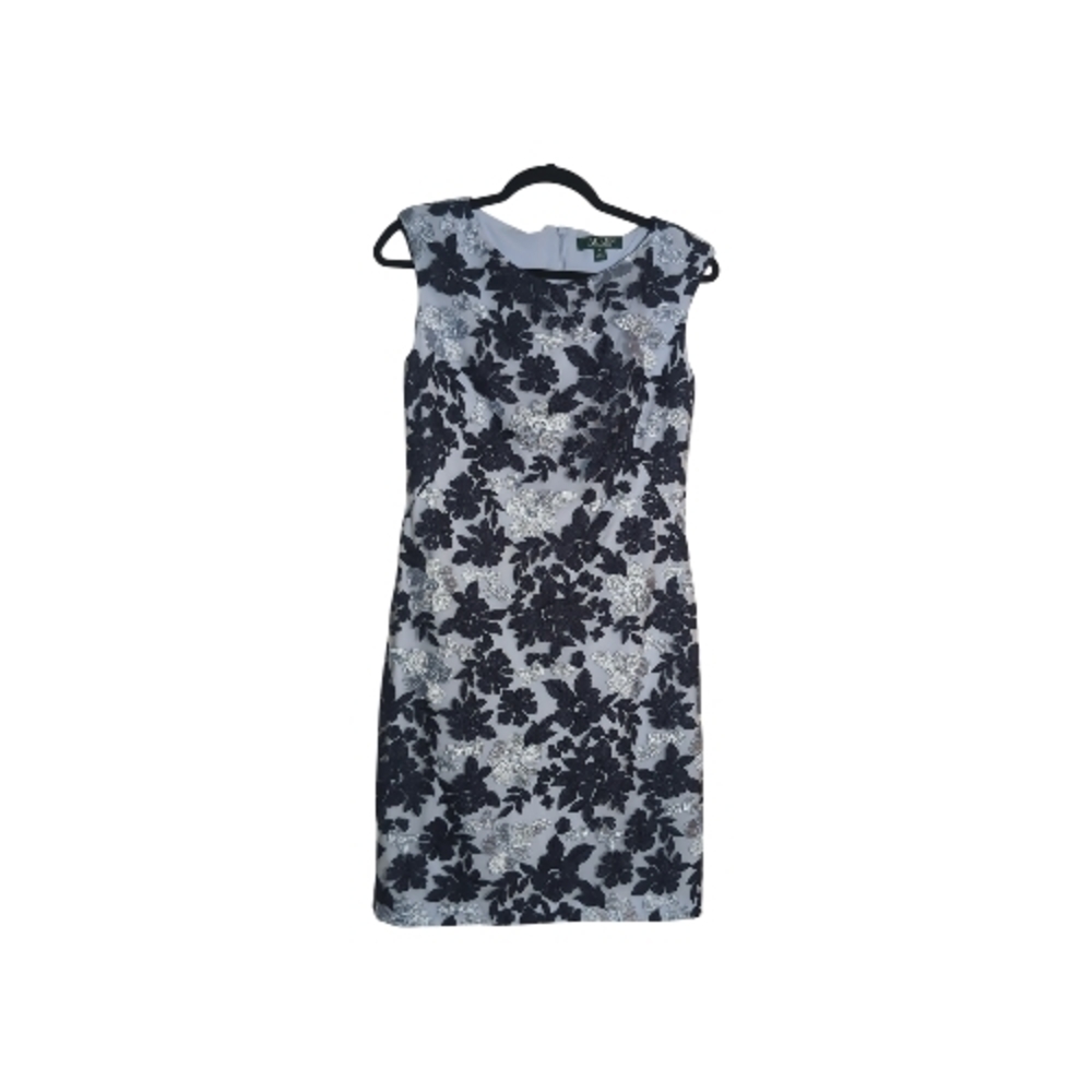 LRL Sz 8 Sleeveless Blue Embroidered Floral Sheath Dress Boat Neckline Classic